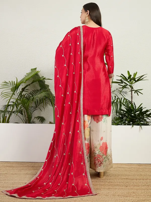 Vibrant_Red_Chinon_Embroidered_Kurta_With_Floral_Palazzo_Set