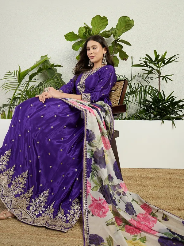 Majestic_Purple_Chinon_Embroidered_A-Line_Gown_With_Floral_Organza_Dupatta