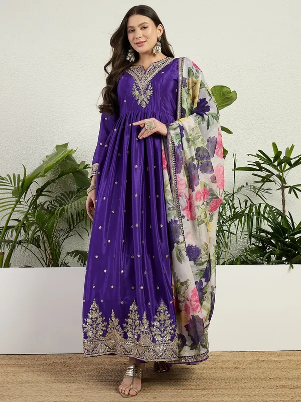 Majestic_Purple_Chinon_Embroidered_A-Line_Gown_With_Floral_Organza_Dupatta