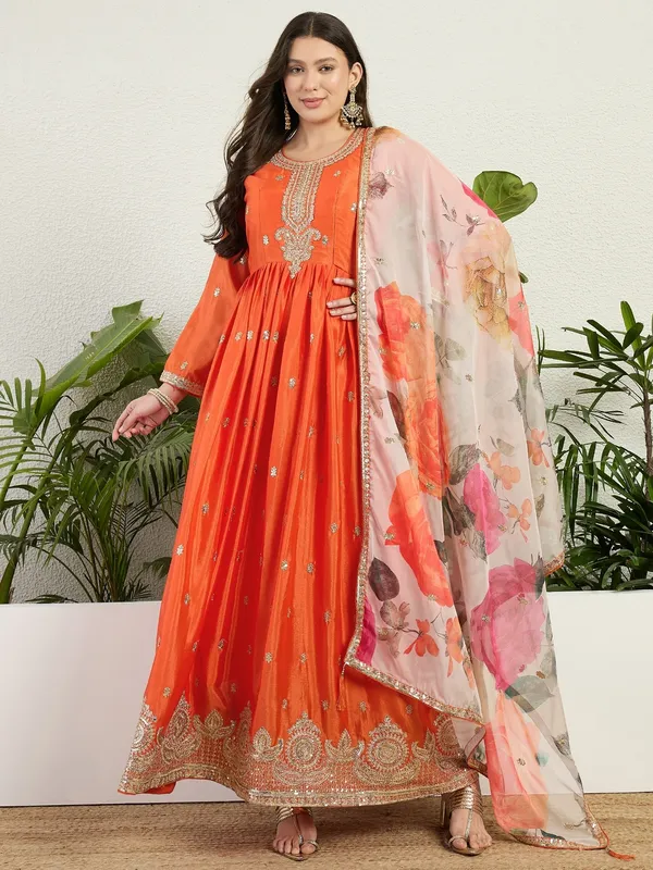 Radiant_Orange_Chinon_Embroidered_A-Line_Gown_With_Floral_Organza_Dupatta