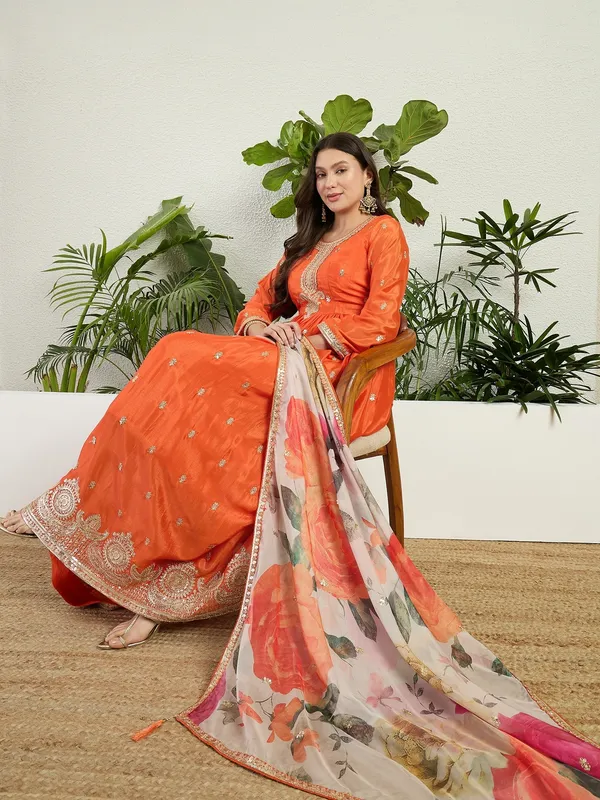 Radiant_Orange_Chinon_Embroidered_A-Line_Gown_With_Floral_Organza_Dupatta