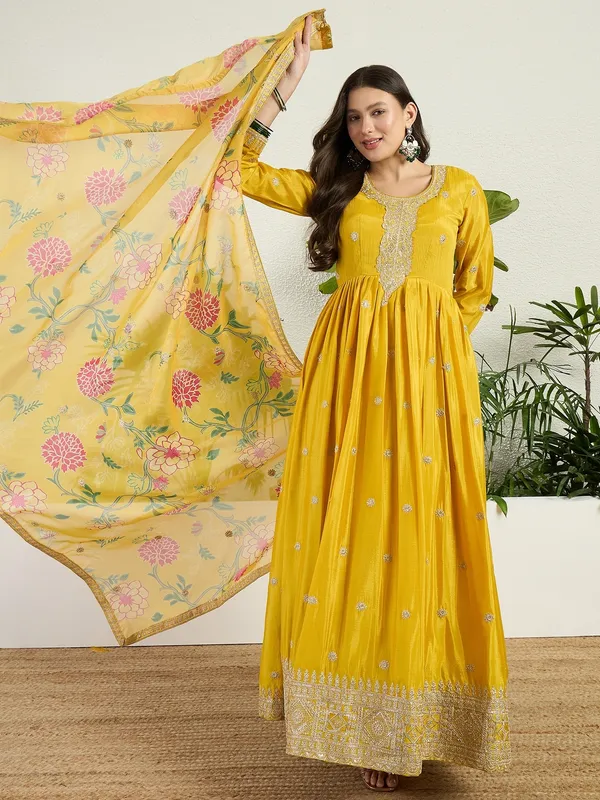 Dazzling_Yellow_Chinon_Embroidered_A-Line_Gown_And_Floral_Dupatta