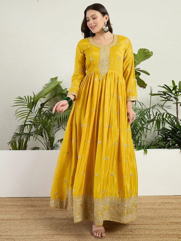 Dazzling_Yellow_Chinon_Embroidered_A-Line_Gown_And_Floral_Dupatta