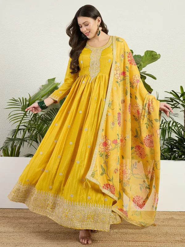 Dazzling_Yellow_Chinon_Embroidered_A-Line_Gown_And_Floral_Dupatta