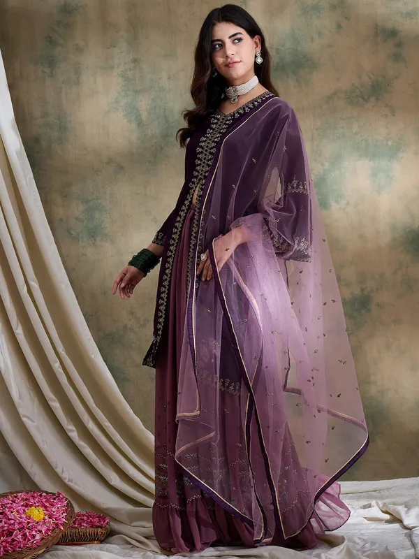 Elegant_Purple_Embroidered_Front-Slit_Kurta_And_Lehenga_Set
