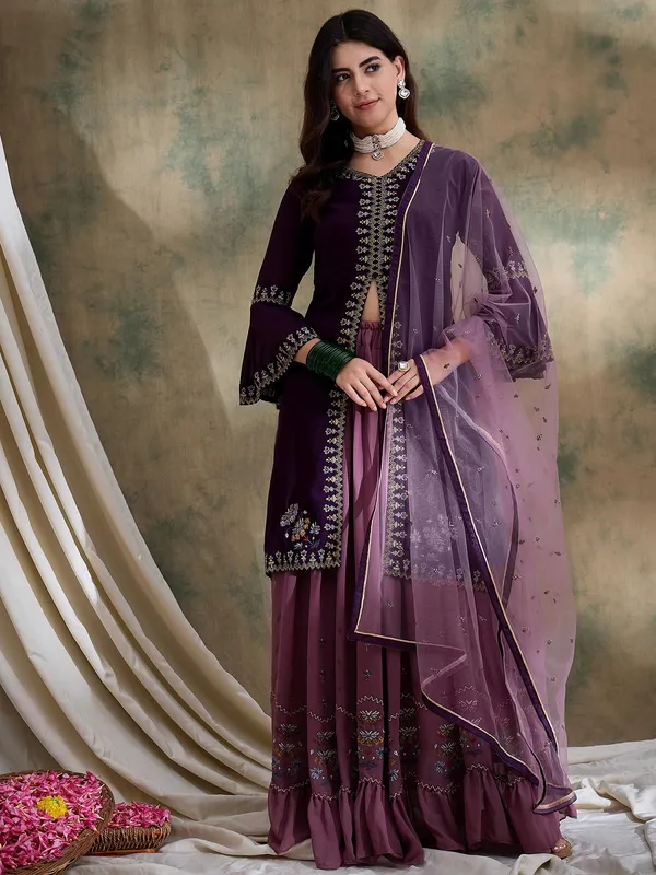 Elegant_Purple_Embroidered_Front-Slit_Kurta_And_Lehenga_Set