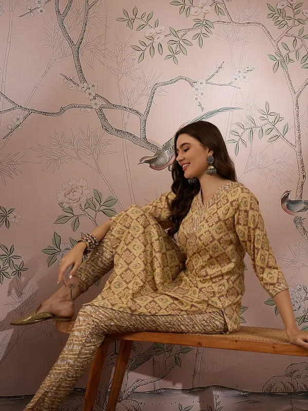 Printed_Straight_Kurta_With_Bottom_V-Neck_Thread_Detailing,_3/4_Sleeve_Stitched_Cotton_Set
