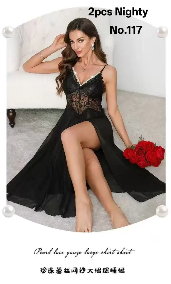 Black_Soft_Lace_V-Neck_Nightgown_For_Women