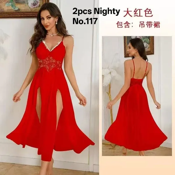 Red_Soft_Lace_Spaghetti_Strap_Slit_Maxi_Nightdress_For_Women