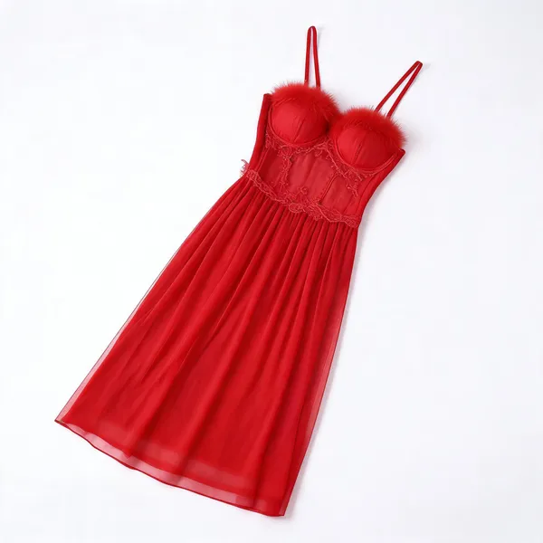 Red_Soft_Lace_Spaghetti_Strap_Midi_Nightdress_For_Women