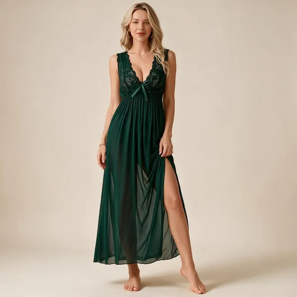 Green_Soft_Lace_Sheer_Maxi_Nightdress_For_Women