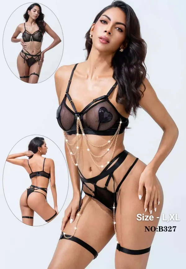Black_Mesh_Strappy_Chain_Detail_Lingerie_Set_For_Women