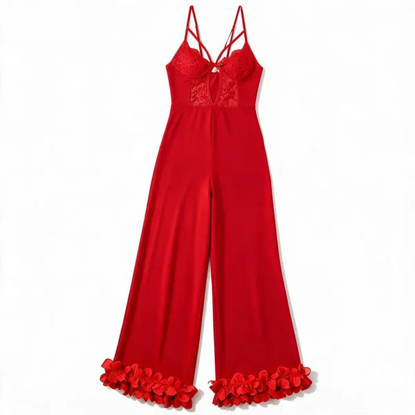 Red_Soft_Lace_Wide_Leg_Strappy_Sleepwear_Jumpsuit_For_Women