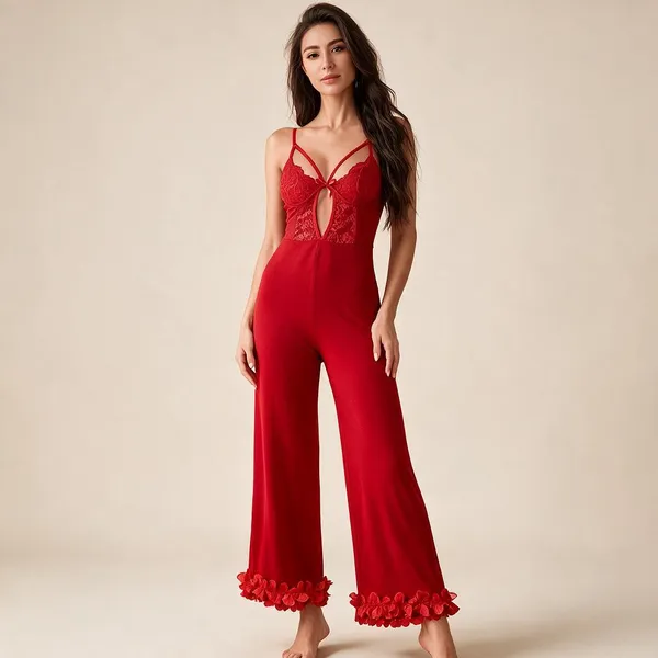 Red_Soft_Lace_Wide_Leg_Strappy_Sleepwear_Jumpsuit_For_Women