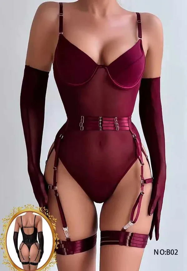 Burgundy_Sheer_Strappy_Bodysuit_Lingerie_Set_For_Women