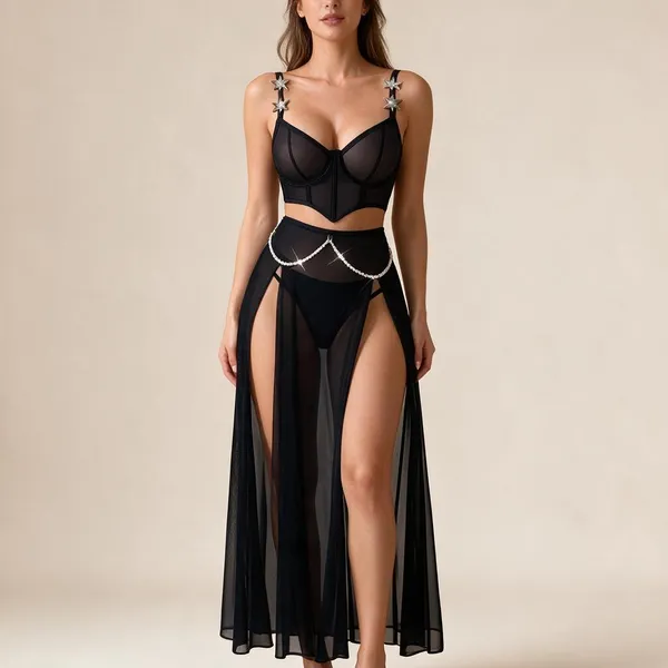 Black_Mesh_Strappy_Two-Piece_Lingerie_Set_For_Women