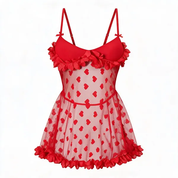 Red_Sheer_Heart_Print_Lace_Babydoll_Lingerie_Set_For_Women