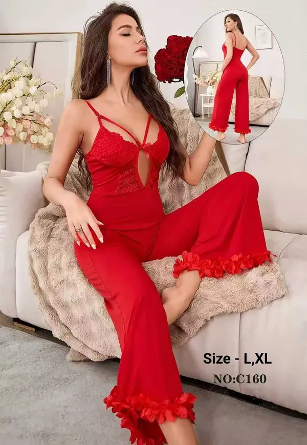 Red_Soft_Lace_Wide_Leg_Strappy_Sleepwear_Jumpsuit_For_Women