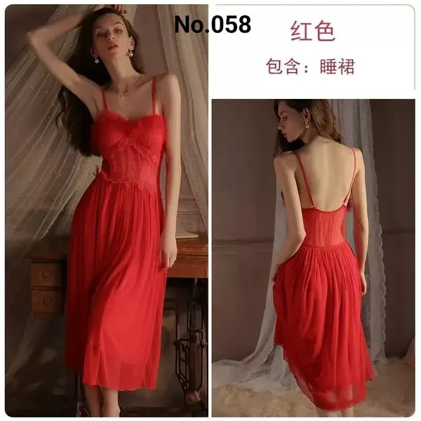 Red_Soft_Lace_Spaghetti_Strap_Midi_Nightdress_For_Women
