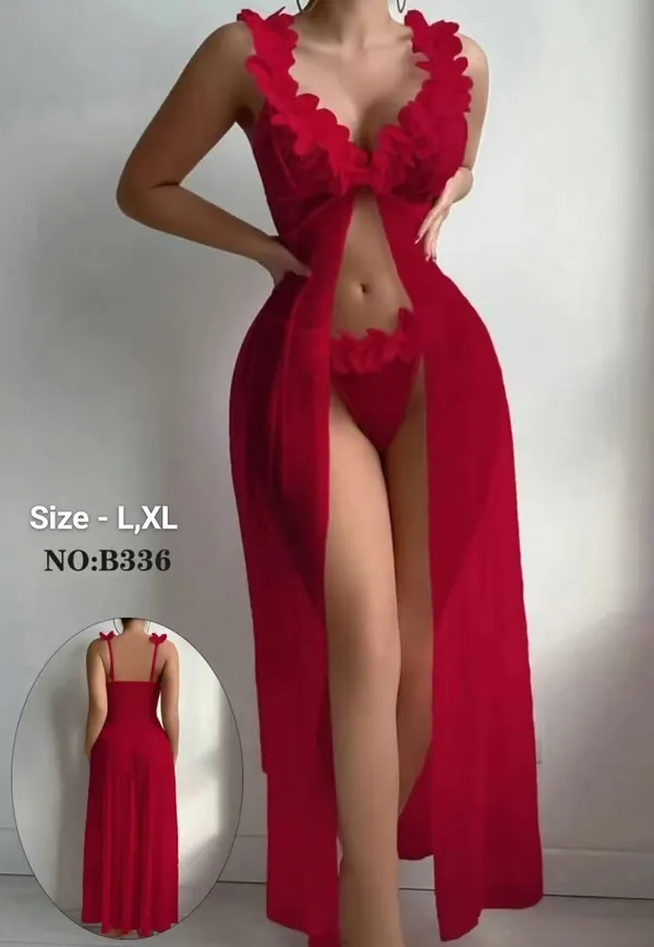 Red_Sheer_Ruffle_Babydoll_Lingerie_Set_For_Women