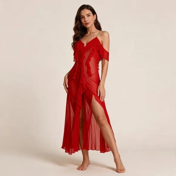 Red_Malai_Strappy_Ruffle_Nightdress_For_Women