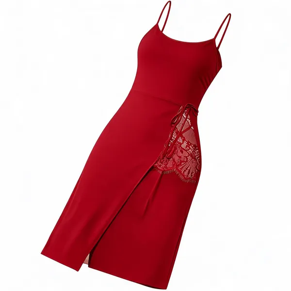 Red_Soft_Lace_Strappy_Slit_Nightdress_For_Women