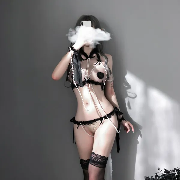 Black_Lace_Ribbon_Accent_Lingerie_Set_For_Women