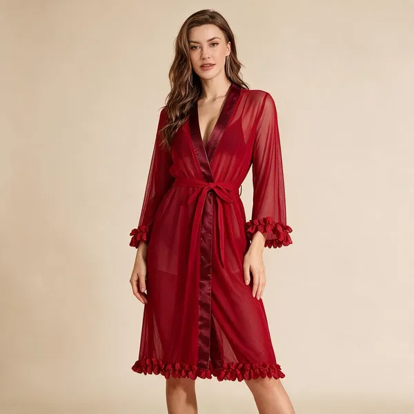 Red_Malai_Tie-Waist_Lace_Cuff_Wrap_Robe_For_Women