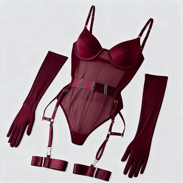 Burgundy_Sheer_Strappy_Bodysuit_Lingerie_Set_For_Women