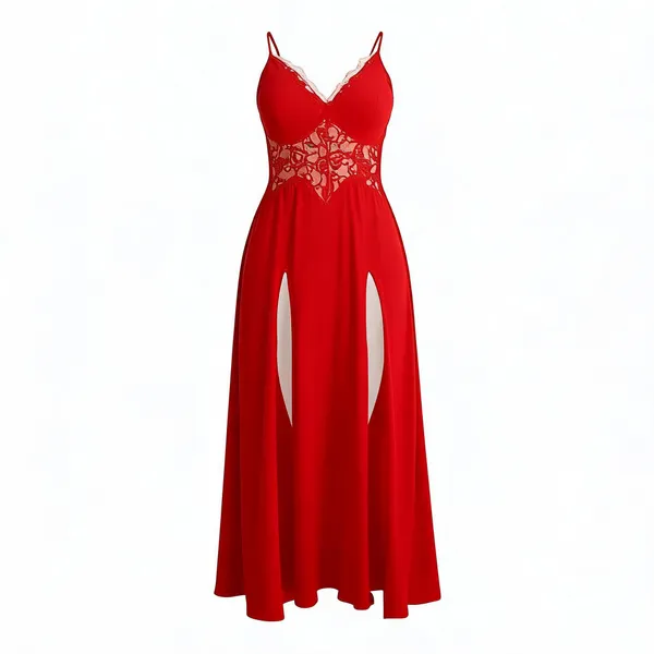 Red_Soft_Lace_Spaghetti_Strap_Slit_Maxi_Nightdress_For_Women