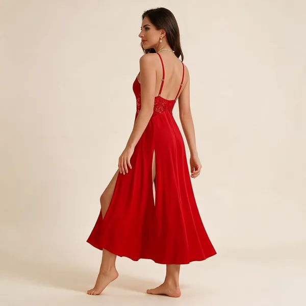 Red_Soft_Lace_Spaghetti_Strap_Slit_Maxi_Nightdress_For_Women
