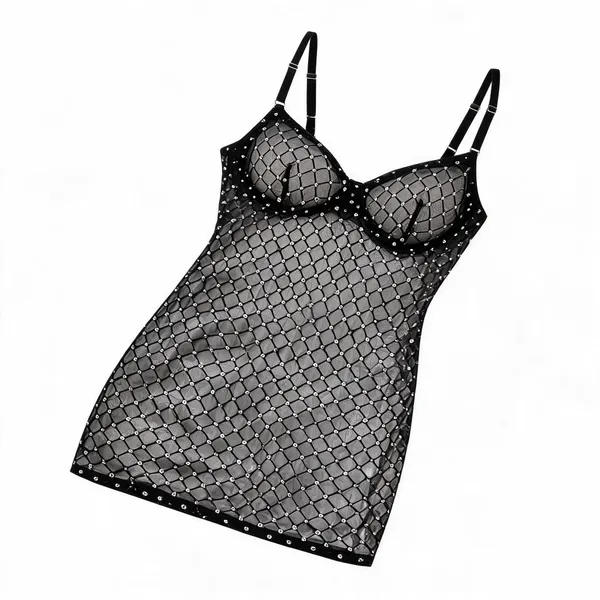 Black_Transparent_Net_Lace-Up_Babydoll_Lingerie_Dress_For_Women