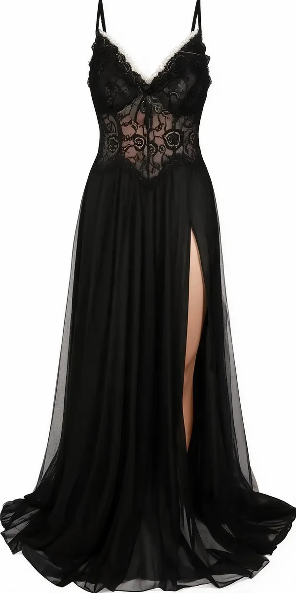 Black_Soft_Lace_V-Neck_Nightgown_For_Women