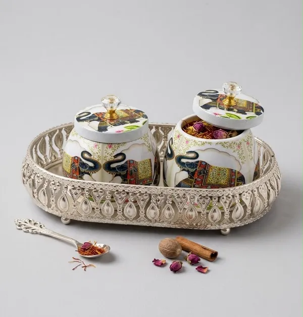German_Silver_Tray_With_2_Containers_-_Elephant_And_White_Background