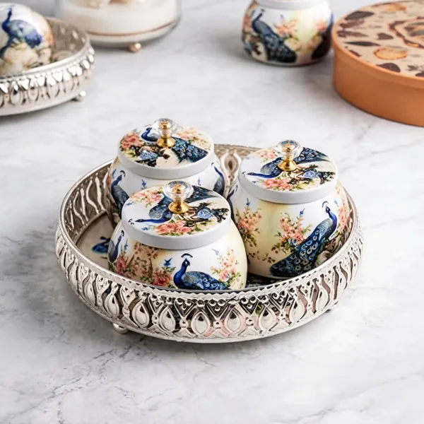 German_Silver_Tray_With_3_Containers_-_Peacock_Theme