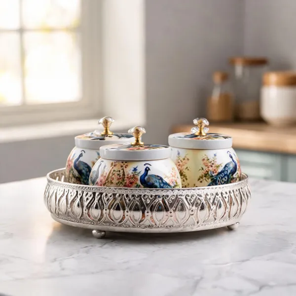 German_Silver_Tray_With_3_Containers_-_Peacock_Theme