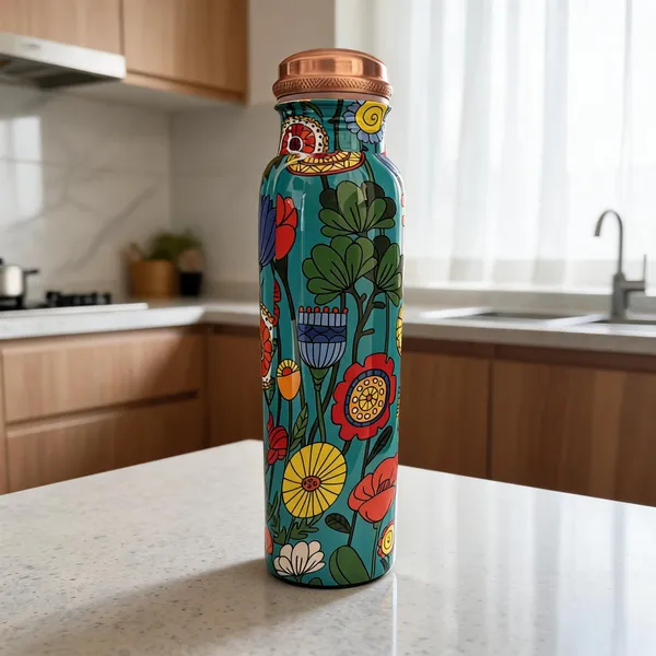Pure_Copper_Bottle_-_Meena_Work_Of_Flowers_With_Green_Background