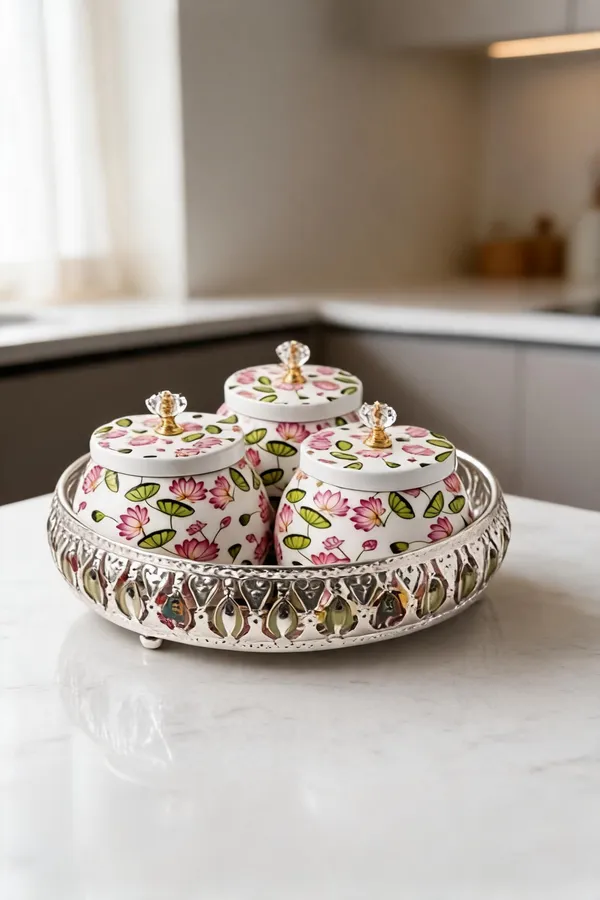 German_Silver_Tray_With_3_Containers_-_Flower_Theme