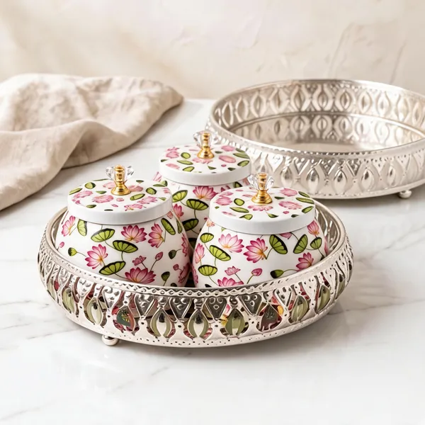 German_Silver_Tray_With_3_Containers_-_Flower_Theme
