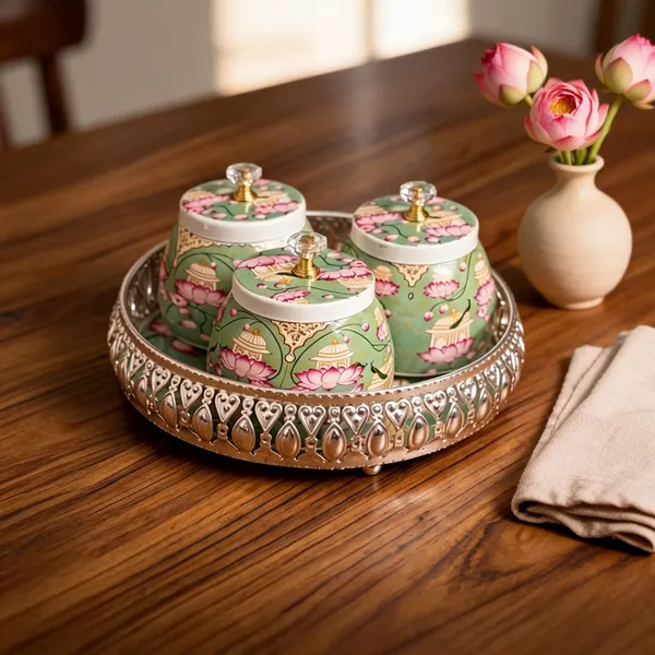 German_Silver_Tray_With_3_Containers_-_Royal_Theme
