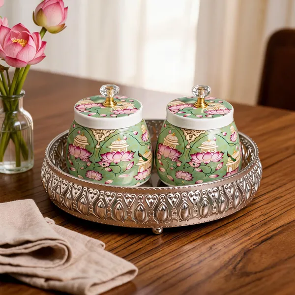 German_Silver_Tray_With_2_Containers_-_Green_Theme