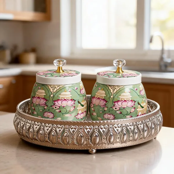 German_Silver_Tray_With_2_Containers_-_Green_Theme