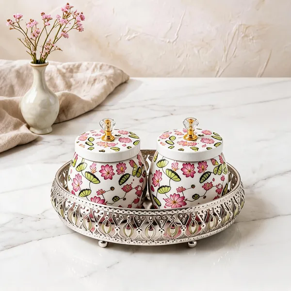 German_Silver_Tray_With_2_Containers_-_Flower_And_White_Background