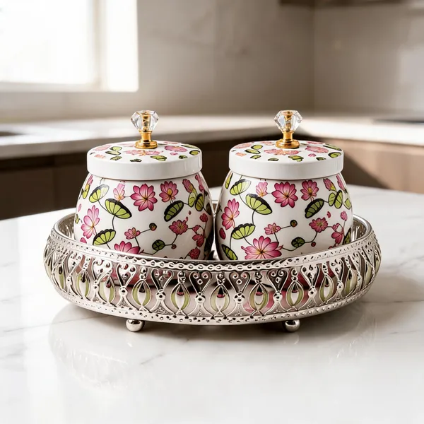 German_Silver_Tray_With_2_Containers_-_Flower_And_White_Background