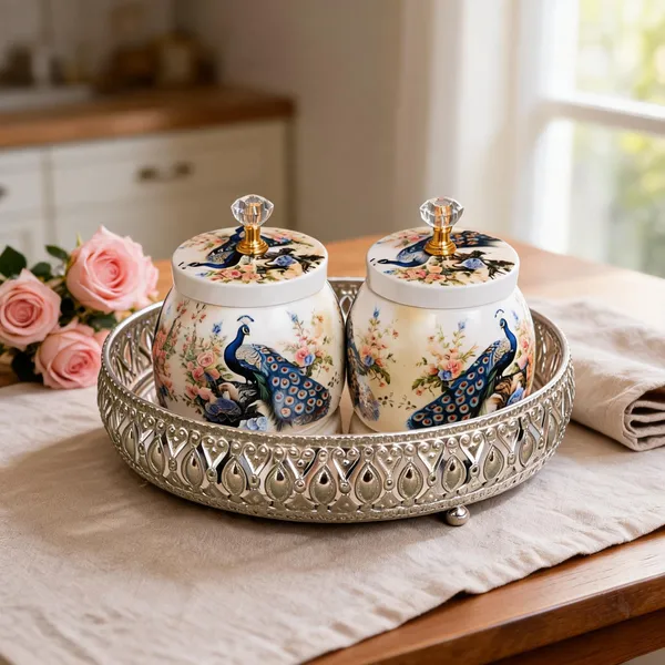 German_Silver_Tray_With_2_Containers_-_Peacock_And_White_Background