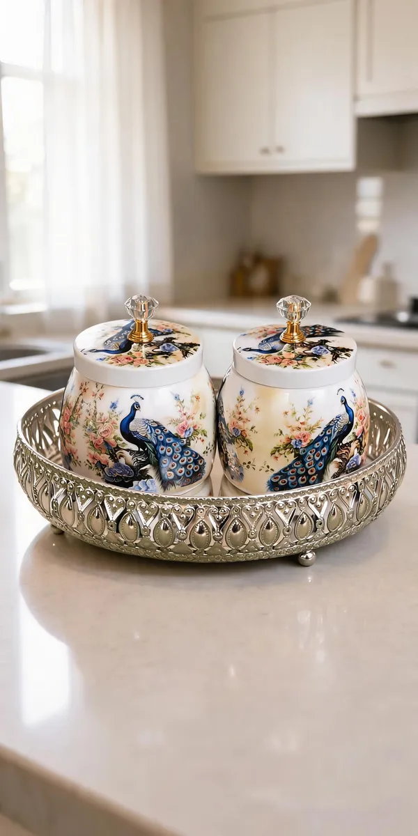 German_Silver_Tray_With_2_Containers_-_Peacock_And_White_Background