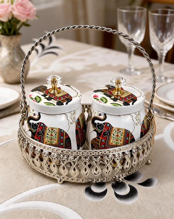 German_Silver_Tray_With_2_Containers_-_Elephant_And_White_Background