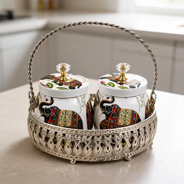 German_Silver_Tray_With_2_Containers_-_Elephant_And_White_Background