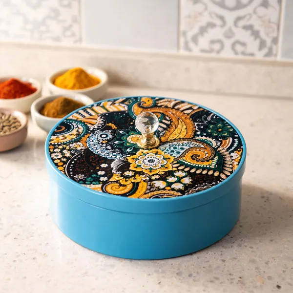 Metal_Masala_Box_With_Peacock_Design_With_Blue_Background_On_Lid