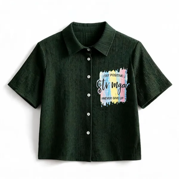 Forest_Green_Jacquard_Ribbed_Short_Sleeve_Button_Down_Shirt_For_Women